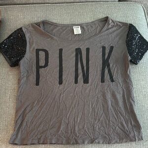PINK Victoria's Secret Charcoal Tee with Black Sequin Sleeves